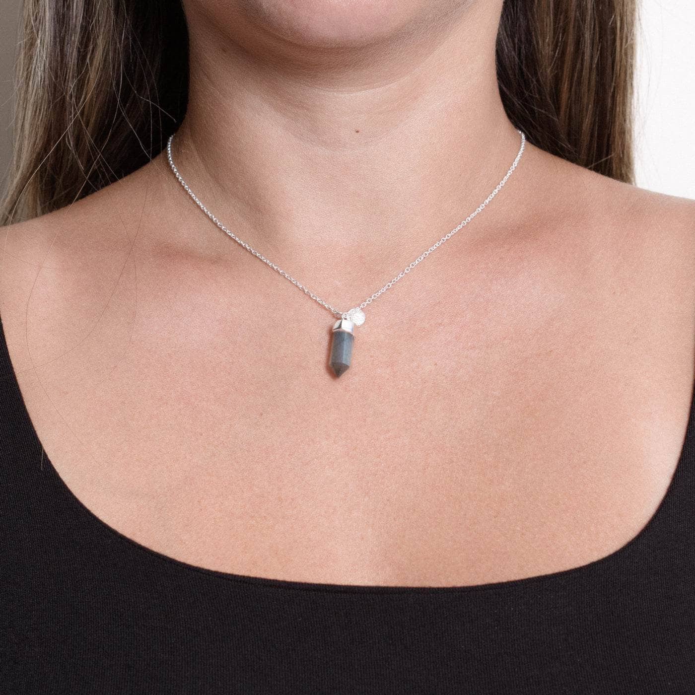 Lab-Silver-small Delicate Labradorite Crystal Point Necklace - Image 5