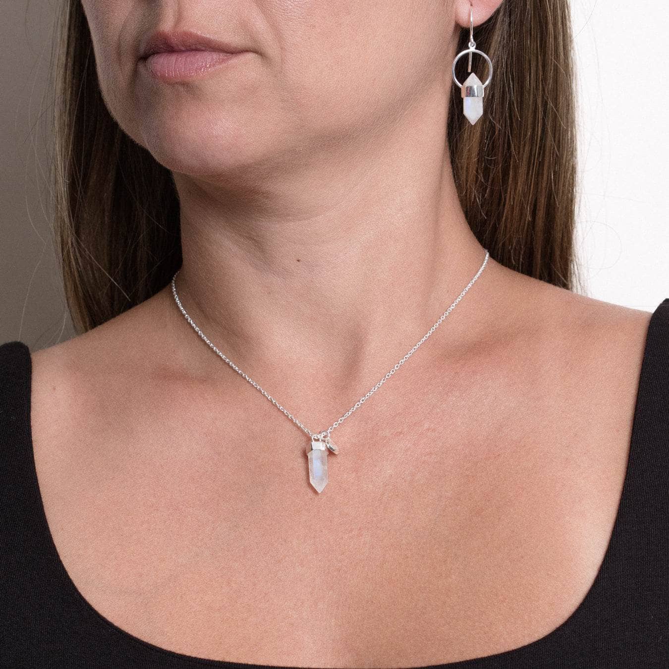 MoonstoneSilverSet Delicate Rainbow Moonstone Crystal Point Necklace - Image 4