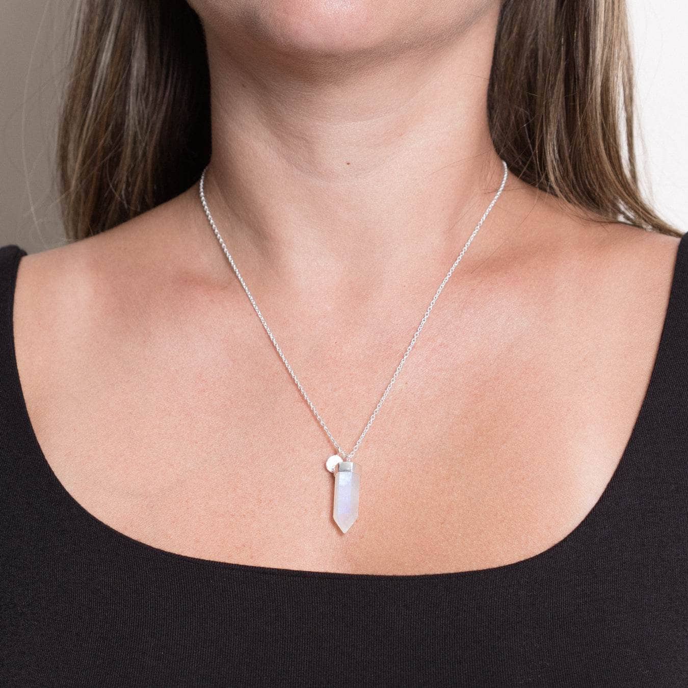 MoonstoneSilverlarge Rainbow Moonstone Crystal Point Necklace - Image 1