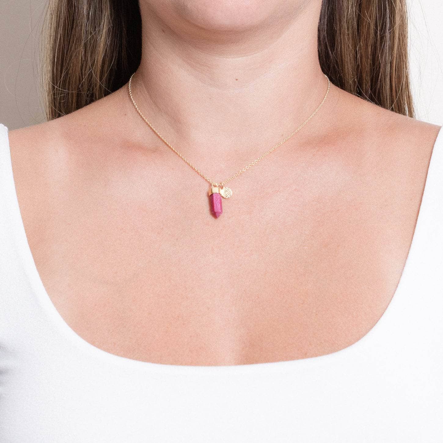 RubyGoldSmall Delicate Ruby Crystal Point Necklace - Image 1