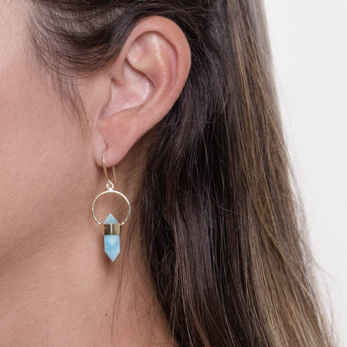 Studio-Session-5059 Rare Genuine Larimar Crystal Point Earrings - Image 4
