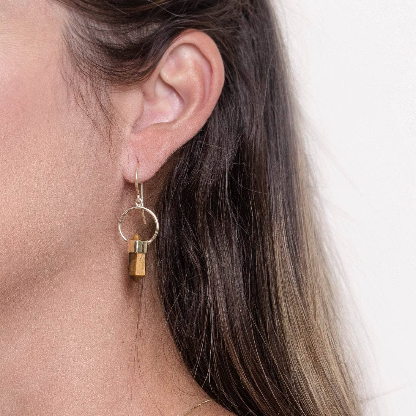 Studio-Session-5060 Tiger Eye Crystal Point Earrings - Image 4