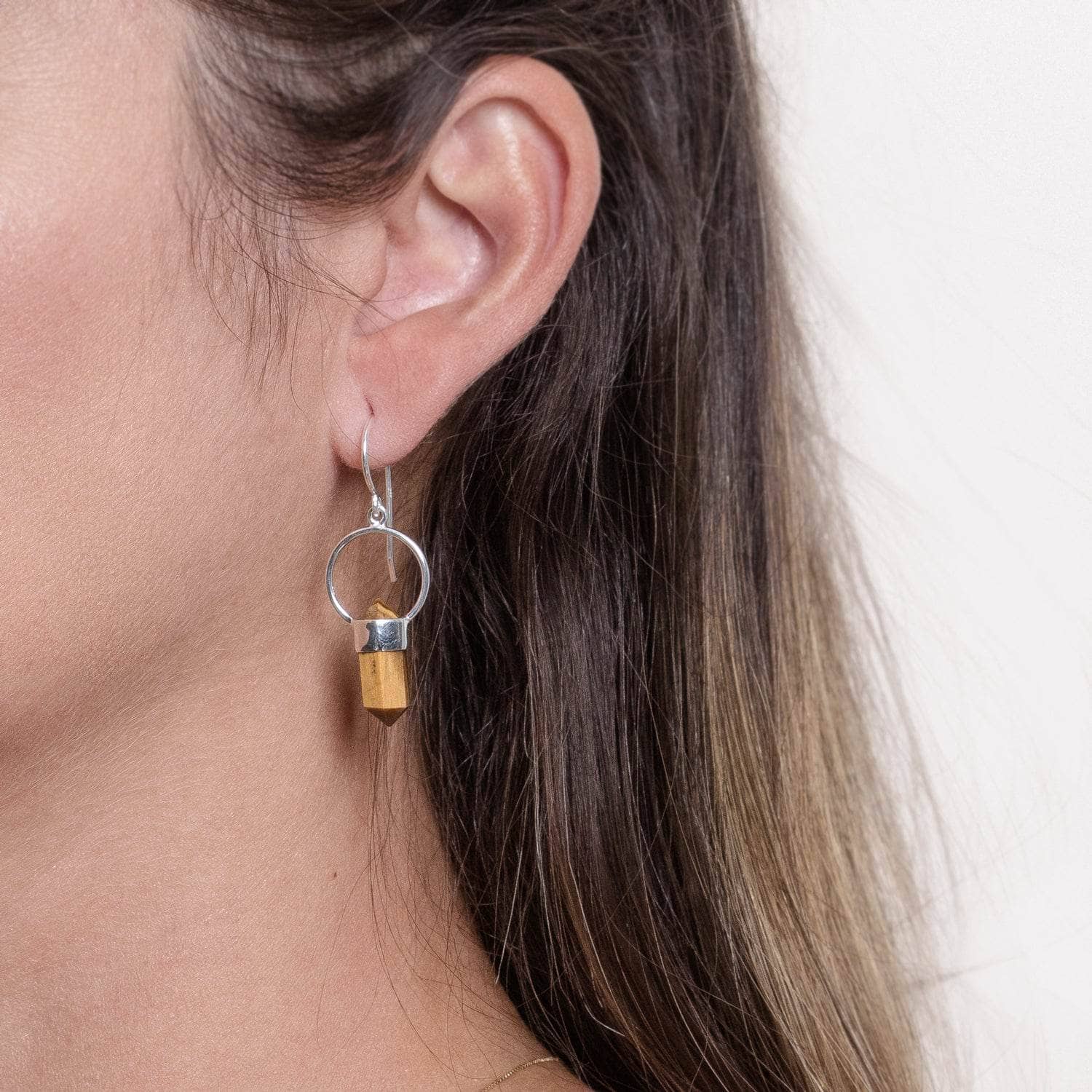 Studio-Session-5062 Tiger Eye Crystal Point Earrings - Image 6