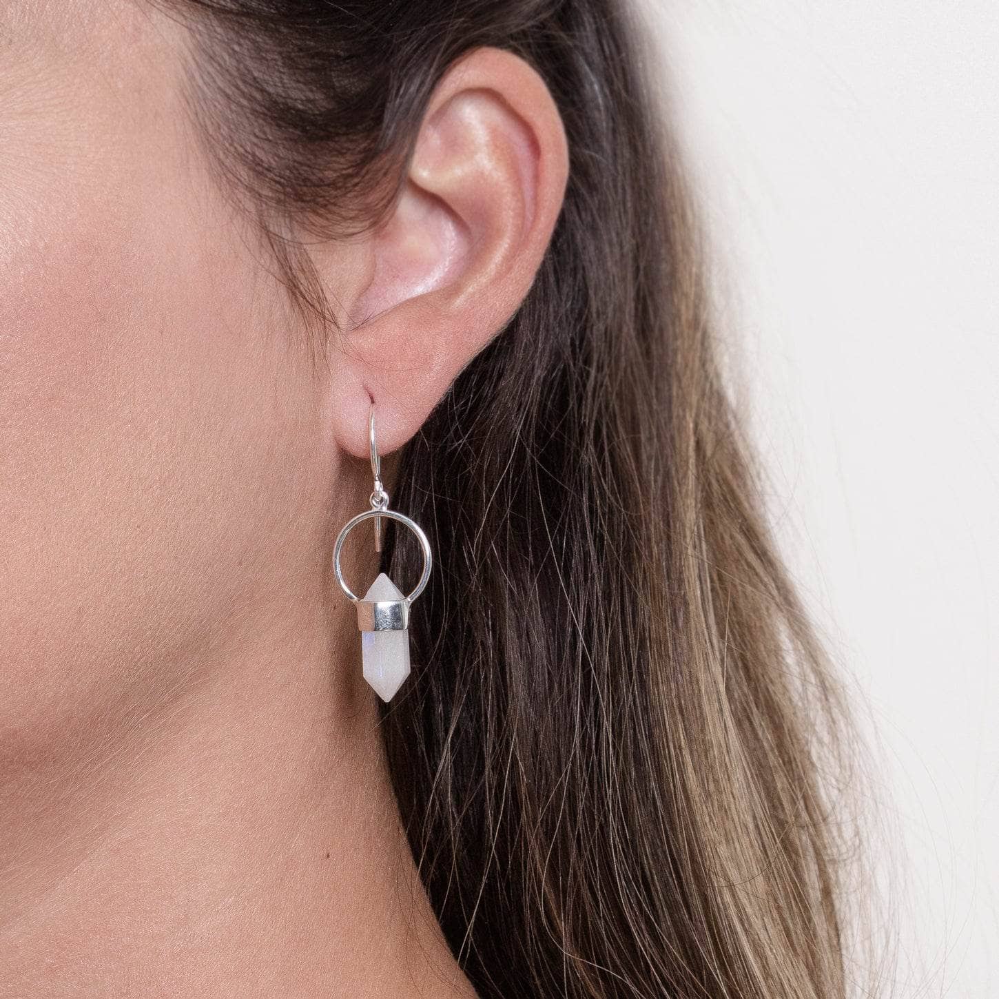 Studio-Session-5097 Rainbow Moonstone Crystal Point Earrings - Image 4