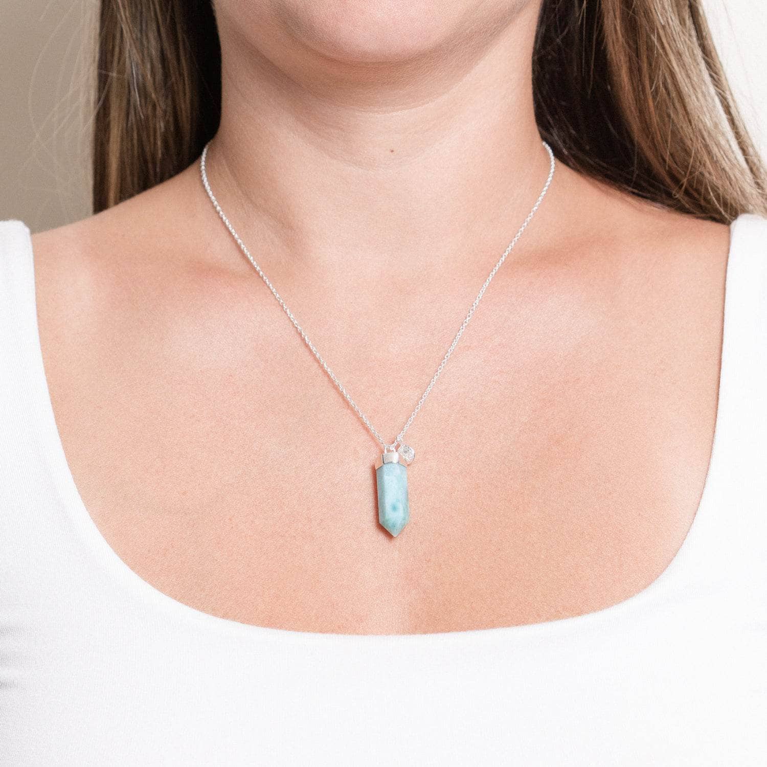 Studio-Session-5849 Rare Genuine Larimar Crystal Point Necklace - Image 1