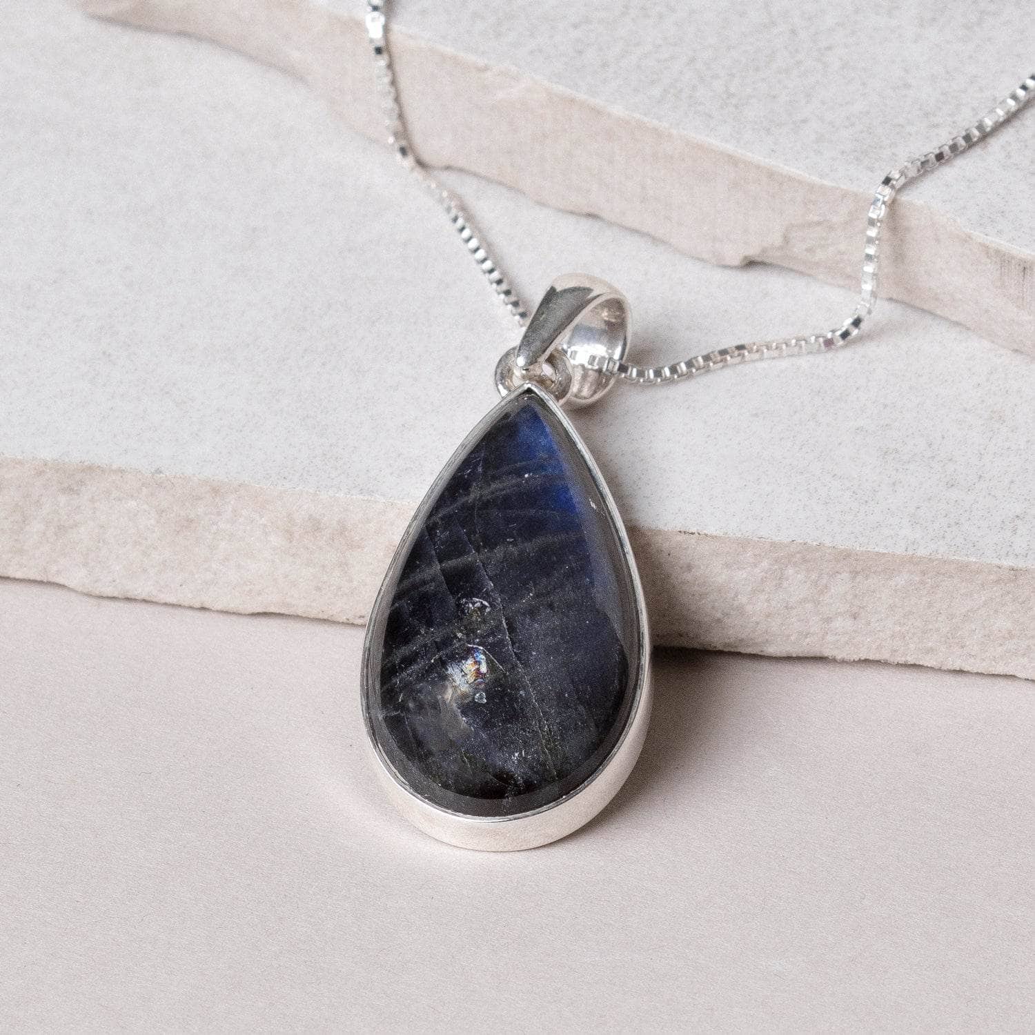 TR-554 Genuine Labradorite Teardrop Pendant Necklace - Image 4