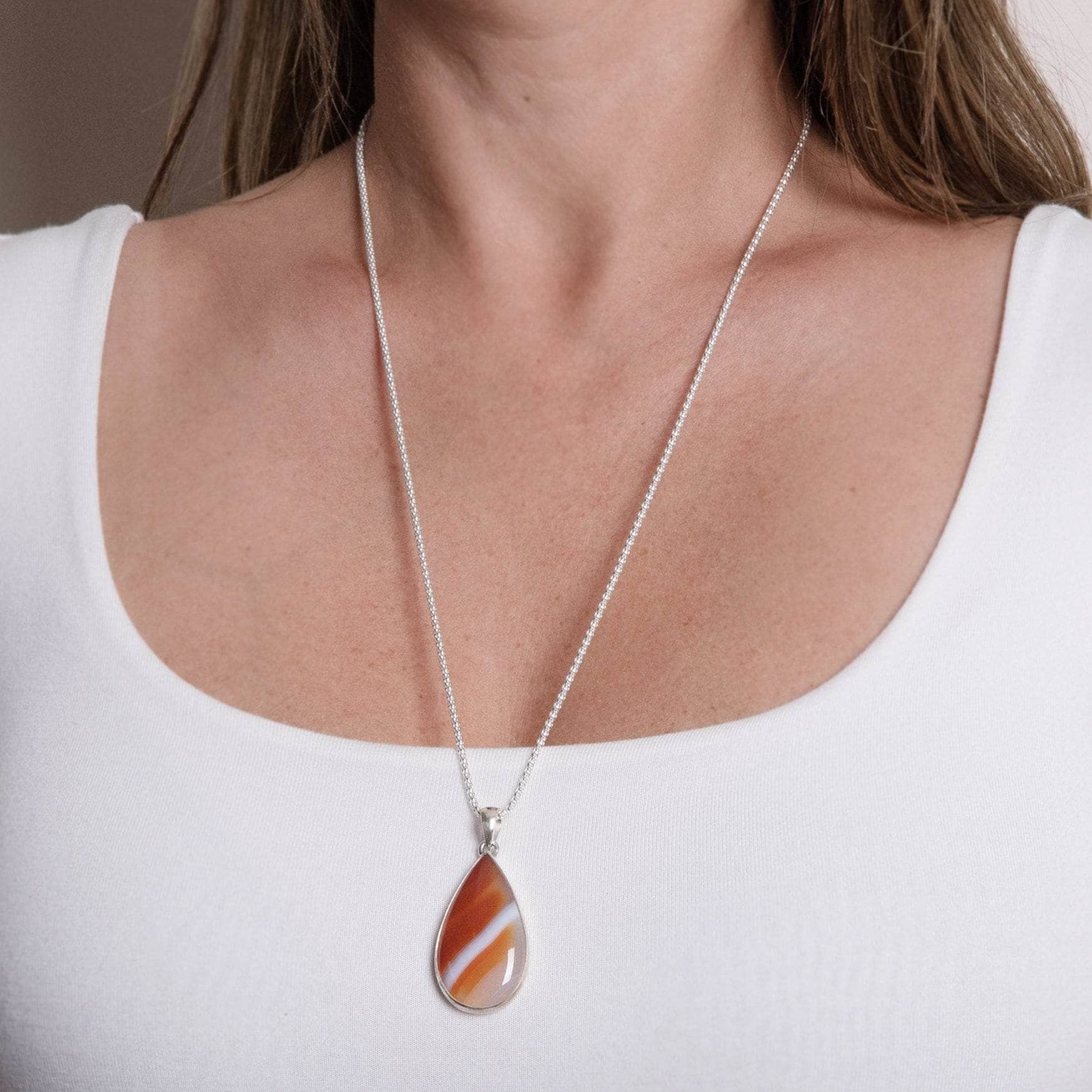 TR-BAG-1-19-2 Carnelian Banded Agate Teardrop Pendant Necklace - Image 1
