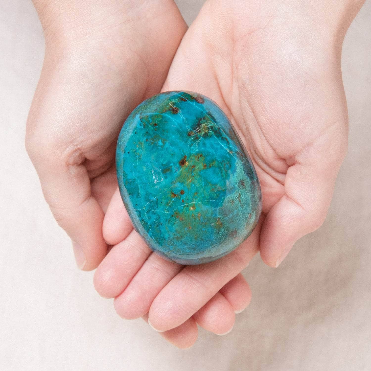 TR-CHY-PALM-ml-XL Rare Peruvian Chrysocolla Palm Stone - Image 15