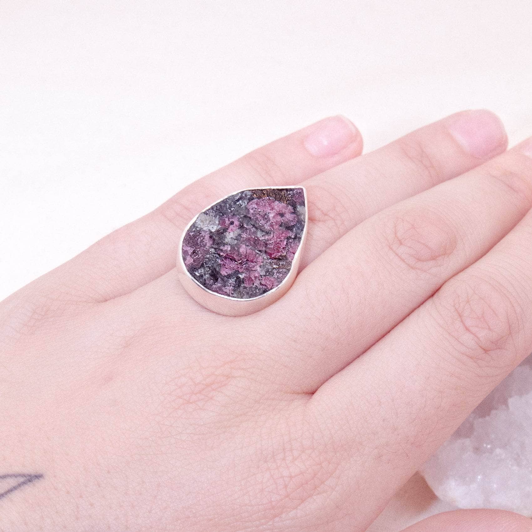 TR-EUD-2-6-RJ-3 Rare Eudialyte Druzy Adjustable Teardrop Ring - Image 14
