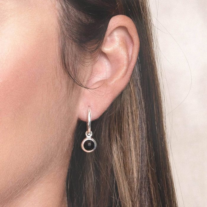Black Tourmaline Silver or Golden Hoop Earrings - Image 1