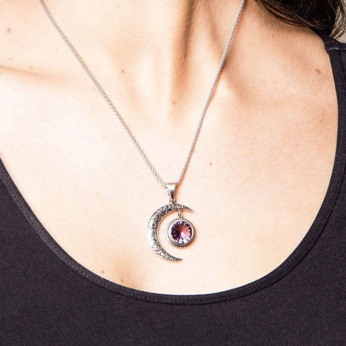 sivana-amethyst-silver-moon-pendant-14437151277137 Gemstone Silver Moon Pendant Necklace - Image 9