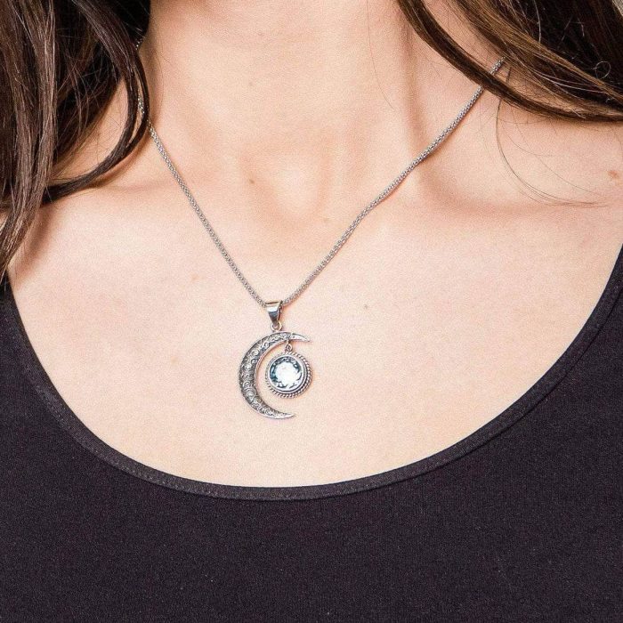 Gemstone Silver Moon Pendant Necklace - Image 2