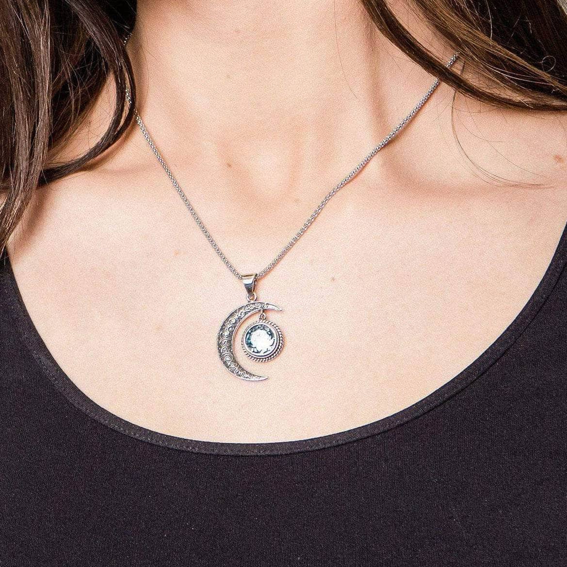 sivana-blue-topaz-silver-moon-pendant-14437175984209 Gemstone Silver Moon Pendant Necklace - Image 2
