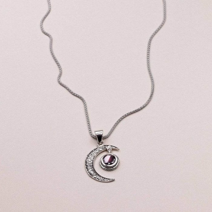 Gemstone Silver Moon Pendant Necklace - Image 7