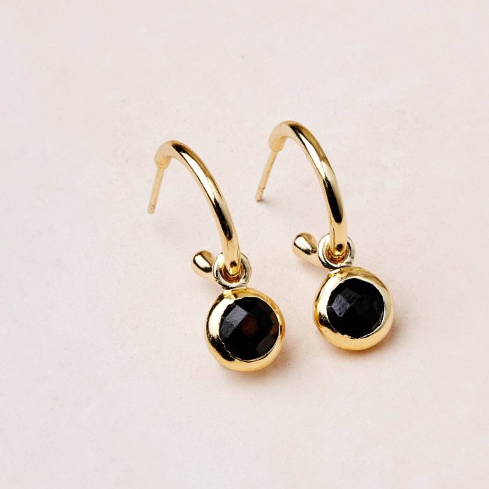 Black Tourmaline Silver or Golden Hoop Earrings - Image 2